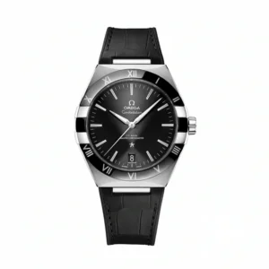 Omega Constellation leather replica 131.33.41.21.01.001, studio front view with a black sunray dial and Roman numeral bezel