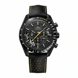 Omega Dark Side of the Moon Apollo 8 replica 311.92.44.30.01.001, open black Moon dial, yellow chronograph hands, perforated strap