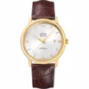 Omega De Ville 39.5mm replica 424.23.40.20.02.001, studio front view with Roman numerals, a date at 3 and a brown leather strap