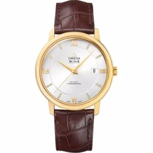 Omega De Ville 39.5mm replica 424.23.40.20.02.001, studio front view with Roman numerals, a date at 3 and a brown leather strap