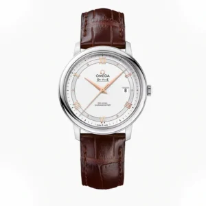 Omega De Ville 39.5mm white dial replica 424.13.40.20.02.002, gold tone Roman numerals and hands, brown strap