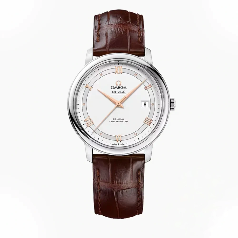 Omega De Ville 39.5mm white dial replica 424.13.40.20.02.002, gold tone Roman numerals and hands, brown strap