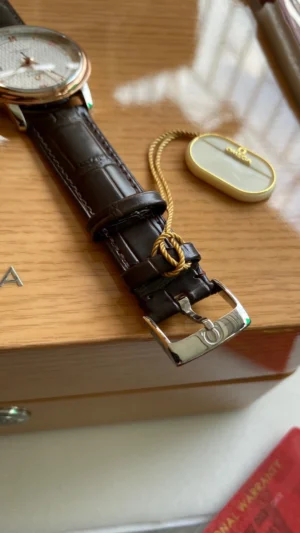 Pin buckle with the Omega symbol next to a cream hang tag