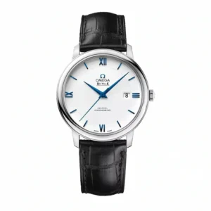 Omega De Ville blue hands replica 424.53.40.20.04.001, white dial, blue Roman numerals, date at 3, black strap