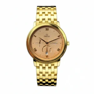 Omega De Ville gold replica 434.20.41.21.09.001, gold tone case, salmon dial, small seconds, power reserve