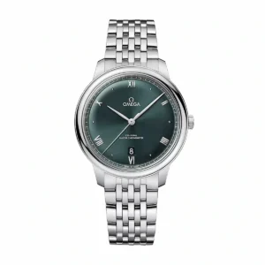 Omega De Ville green dial replica 434.10.40.20.10.001, dark green sunray dial, Roman numerals, date at 6, bracelet