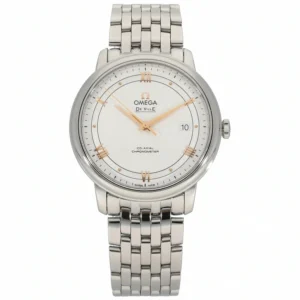 Omega De Ville Prestige 39.5mm bracelet replica 424.10.40.20.02.002, silver dial, gold tone numerals, date at 3
