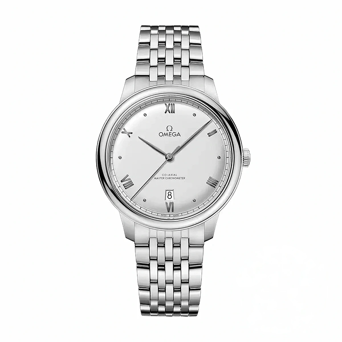 Omega De Ville Prestige 40mm white dial replica 434.10.40.20.02.001, blue Roman numerals, date at 6, bracelet