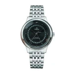 Omega De Ville Prestige black replica 434.10.40.20.01.001, black dial with grey pointer date ring, bracelet