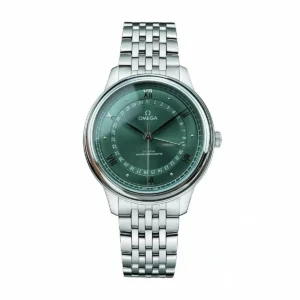 Omega De Ville Prestige green replica 434.10.40.20.10.001, green sunray dial with pointer date ring, bracelet