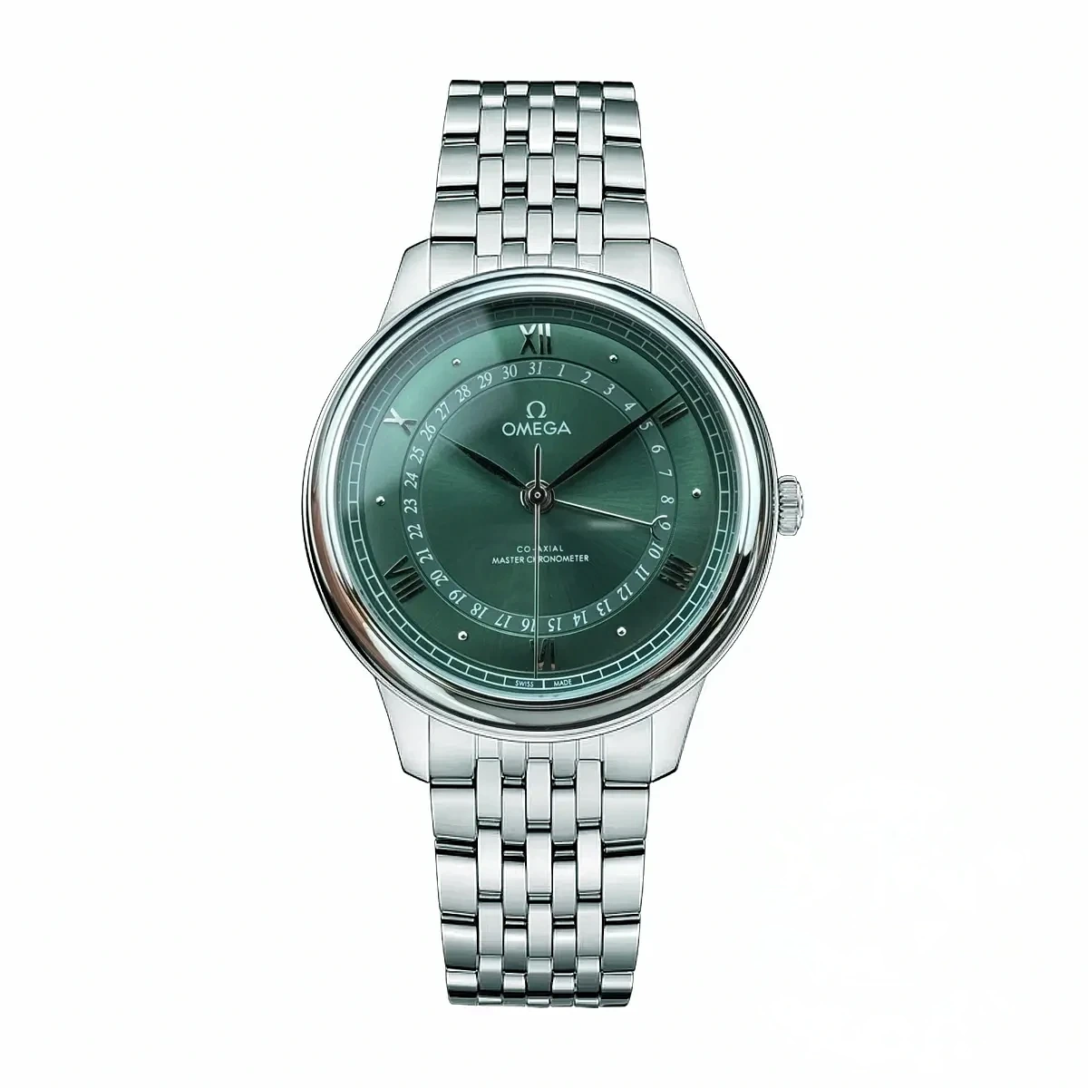 Omega De Ville Prestige green replica 434.10.40.20.10.001, green sunray dial with pointer date ring, bracelet