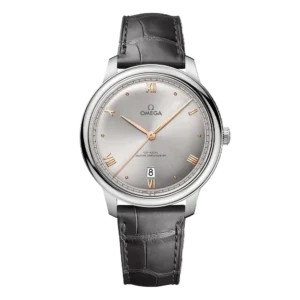 Omega De Ville Prestige replica 434.13.40.20.02.001, studio front view with Roman numerals and a date at 6