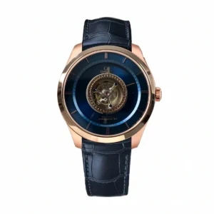 Omega De Ville Tourbillon replica 528.53.44.21.03.001, rose gold tone case, blue dial with central tourbillon
