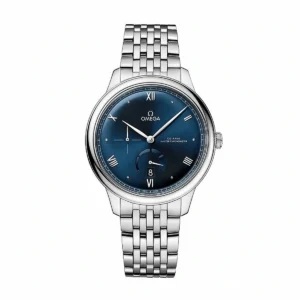 Omega DeVille Prestige small seconds replica 434.10.41.21.03.002, blue dial, power reserve, date at 6, bracelet