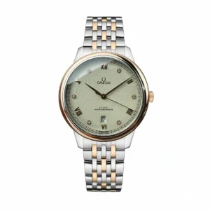 Omega DeVille rose gold replica 434.20.40.20.59.001, pale green grained dial, stone markers, two tone bracelet
