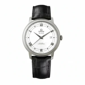 Omega DeVille white dial replica 424.23.40.20.02.002, wave pattern dial, black Roman numerals, date at 3, black strap