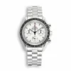 Omega Moonwatch replica 310.30.42.50.04.001, white dial with dark hands and three counters, black bezel, bracelet