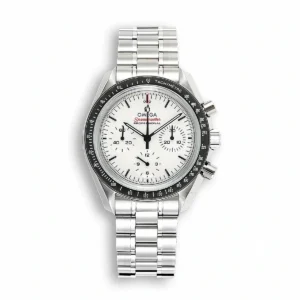 Omega Moonwatch replica 310.30.42.50.04.001, white dial with dark hands and three counters, black bezel, bracelet