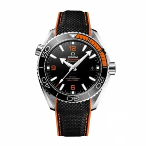Omega Planet Ocean black orange replica 215.32.44.21.01.001, black dial, orange numerals and bezel quarter