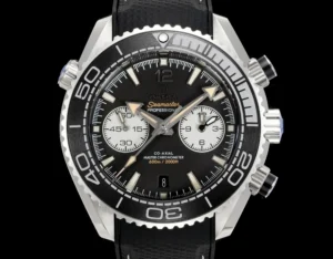 Close front view of the black and white chronograph dial