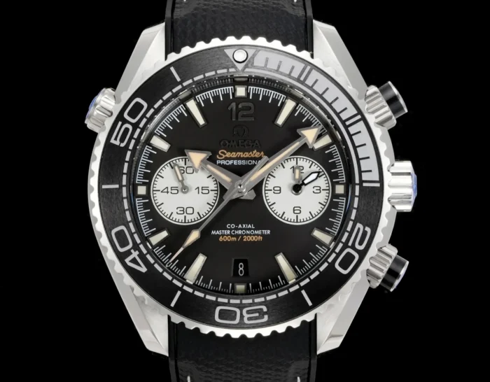 Close front view of the black and white chronograph dial