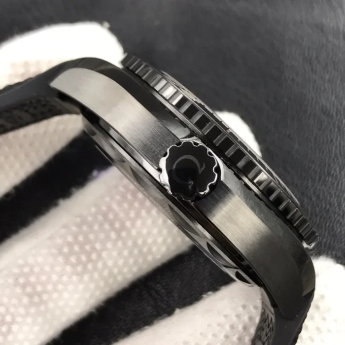 Crown side of the black case, close-up