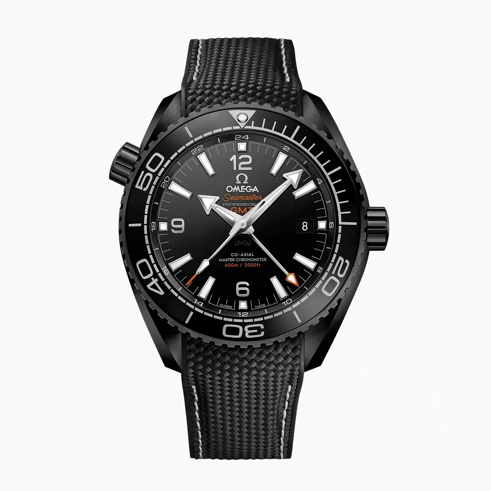 Omega Planet Ocean Deep Black replica 215.92.46.22.01.001, black case and dial, orange GMT hand