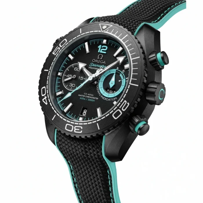 Watch angled to the left on white, turquoise strap lining