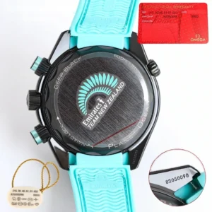 Caseback with the team logo, next to a hang tag and a red card
