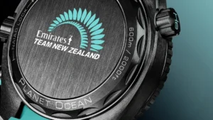 Close-up of the caseback with the team logo and Planet Ocean lettering