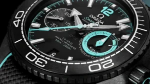 Macro of the dial and turquoise countdown subdial