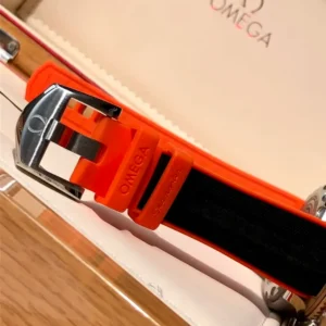 Orange underside of the strap and the pin buckle, in a box