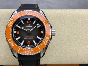 Omega Planet Ocean Ultra Deep on a black strap, display cushion