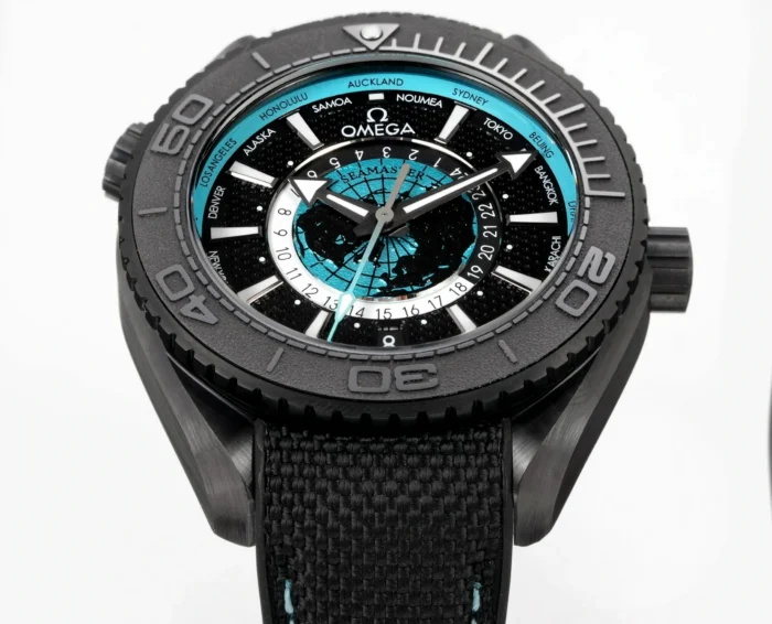 Watch seen from above at an angle, grey bezel numerals