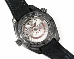 Display caseback with Deep Black and Planet Ocean engraving, turquoise Planet Ocean Worldtimer