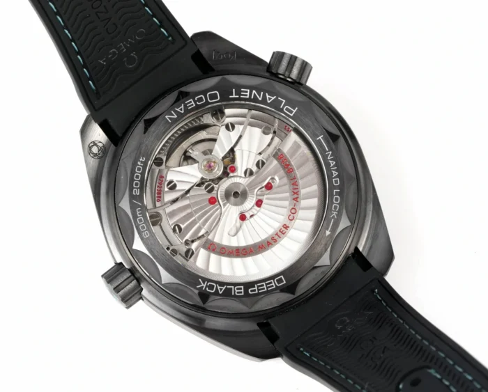 Display caseback with Deep Black and Planet Ocean engraving, turquoise Planet Ocean Worldtimer