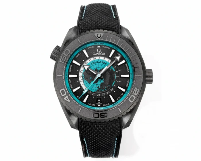 Omega Planet Ocean Worldtimer 215.92.46.22.01.006 on white, front