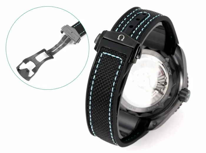 Strap with turquoise stitching and an inset of the folding buckle