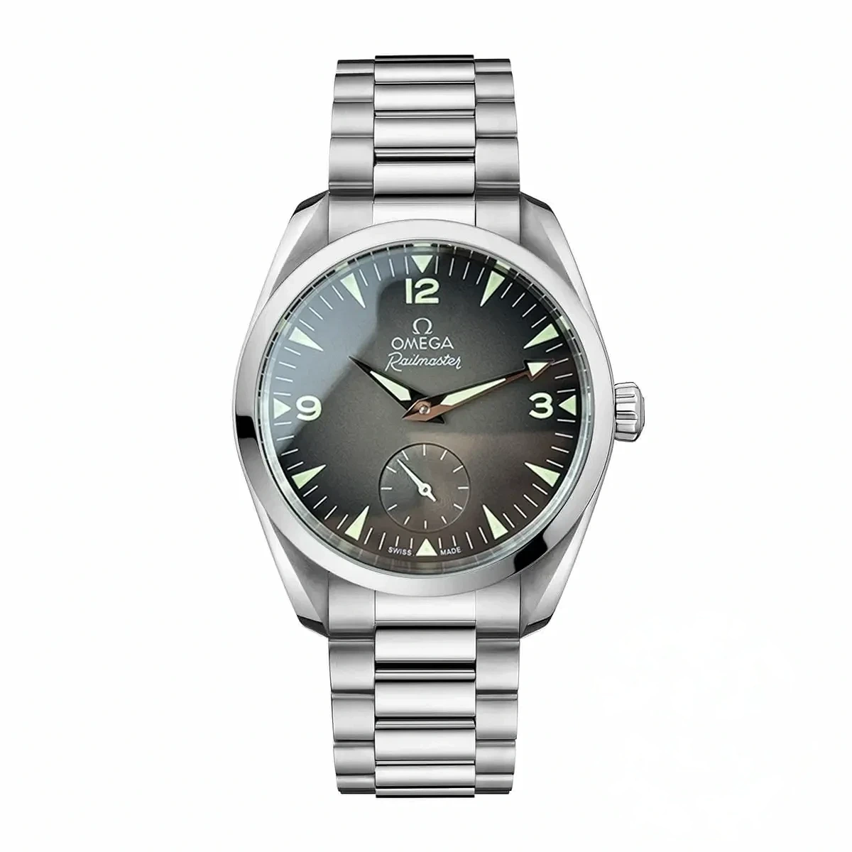 Omega Railmaster replica 235.12.38.20.13.001, grey fume dial with 3 9 12 numerals and small seconds, bracelet