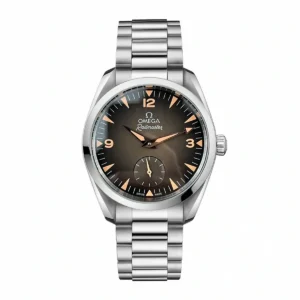 Omega Railmaster brown dial replica 235.16.38.20.13.004, brown fume dial with orange numerals and small seconds, bracelet