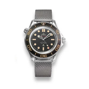 Omega Seamaster 007 edition replica, black dial with tan markers, brown bezel, grey mesh bracelet