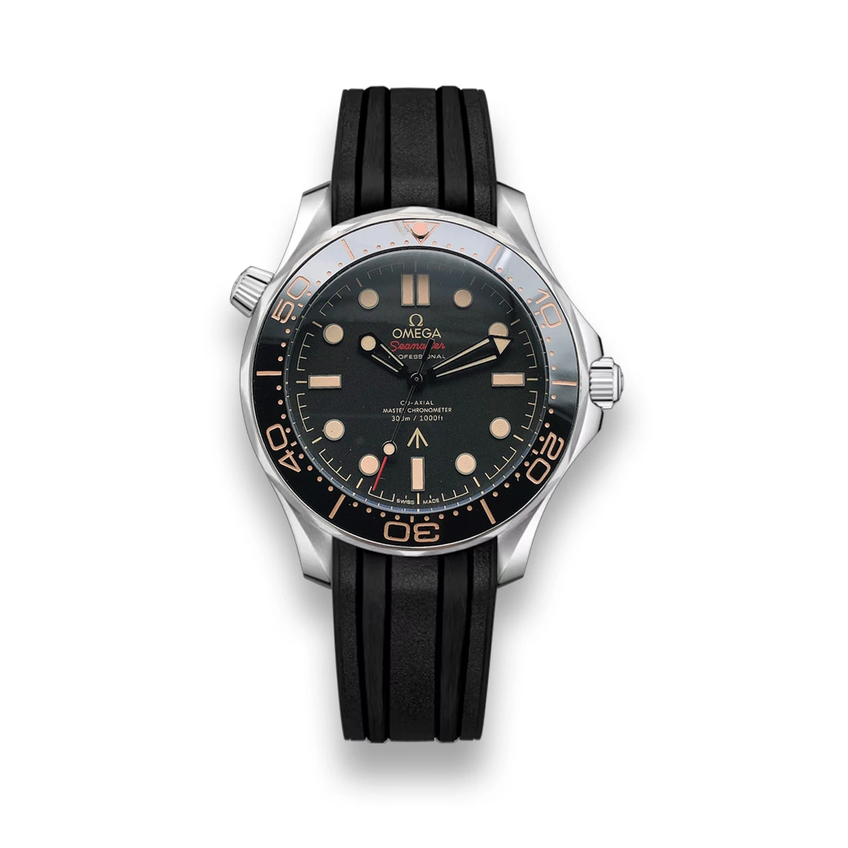 Omega Seamaster 007 rubber strap replica, black dial with tan markers, bezel with tan numerals, black rubber strap