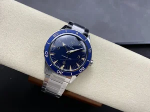 Blue Seamaster 300 on a cushion, seen from the left