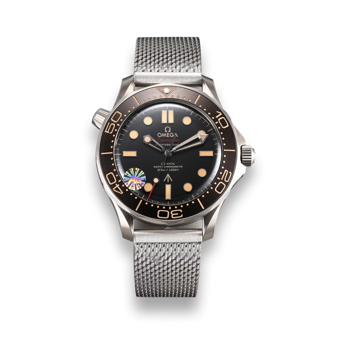 Omega Seamaster 210.90.42.20.01.001 replica, grey tone case, tan markers, brown bezel, mesh bracelet