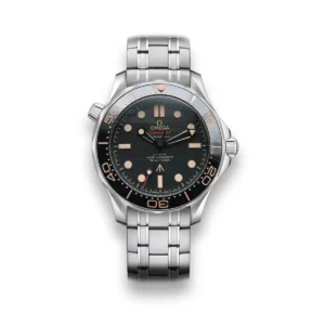 Omega Seamaster 007 bracelet replica 210.90.42.20.01.002, black dial with tan markers and broad arrow, tan bezel numerals