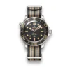 Omega Seamaster NATO strap replica 210.92.42.20.01.001, black dial with tan markers, striped black and beige NATO strap