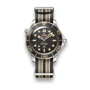 Omega Seamaster NATO strap replica 210.92.42.20.01.001, black dial with tan markers, striped black and beige NATO strap