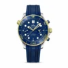 Omega Seamaster two tone chronograph replica 210.20.44.51.03.001, gold tone bezel ring, blue wave dial, blue rubber strap