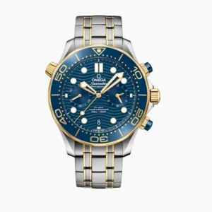 Omega Seamaster chronograph blue and gold replica 210.20.44.51.03.001, blue wave dial, gold tone bezel ring, two-tone links