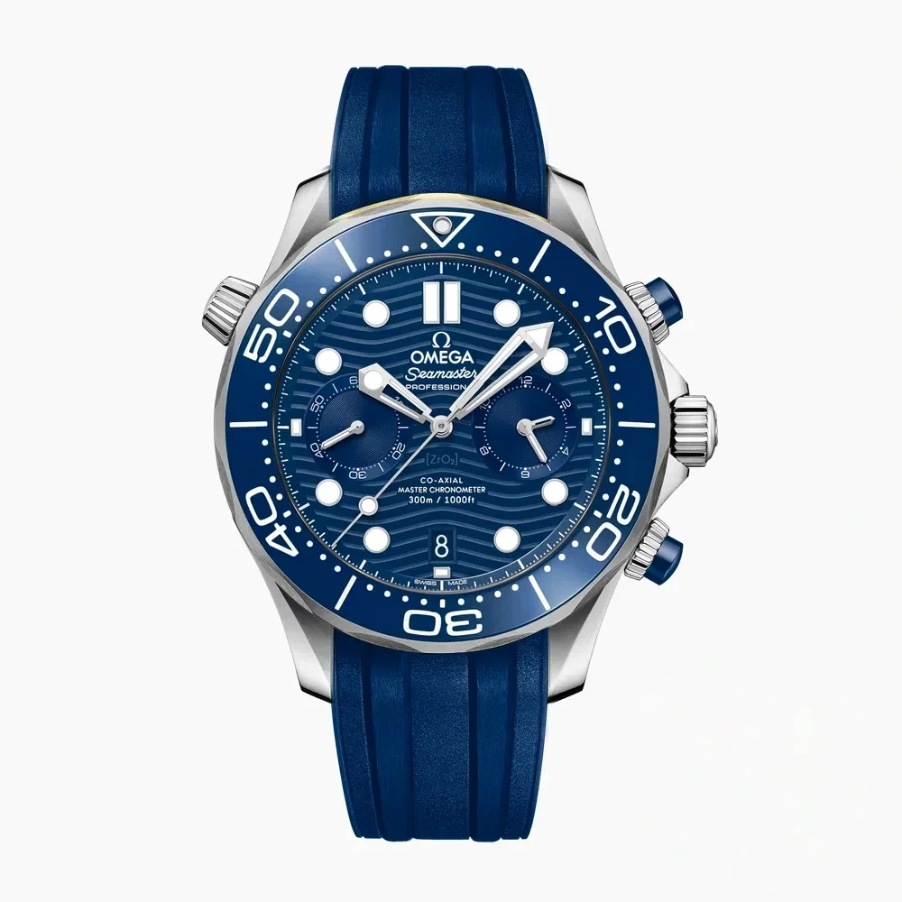 Omega Seamaster chronograph blue rubber replica 210.30.44.51.03.001, blue wave dial, blue bezel, blue rubber strap